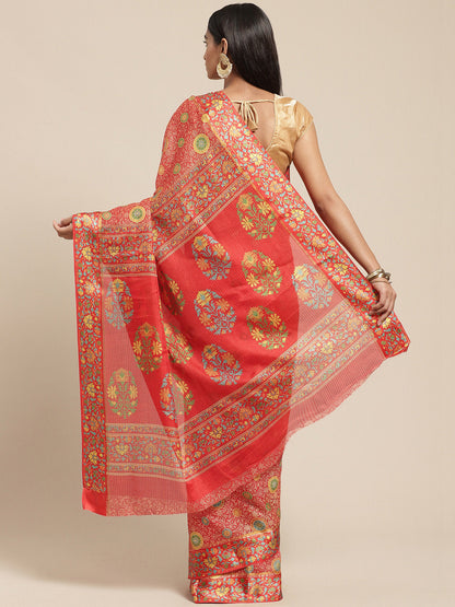 Women's Red Cotton Blend Printed Saree