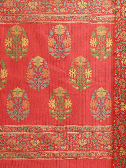 Women's Red Cotton Blend Printed Saree