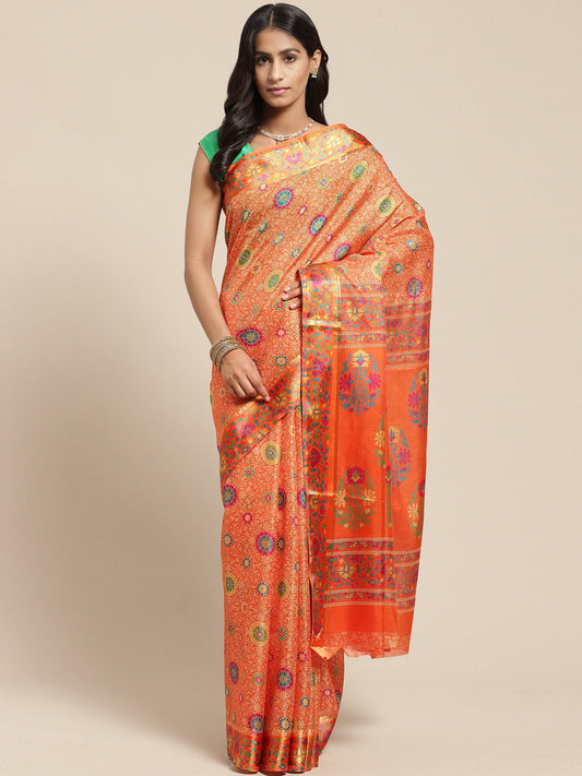 Women's Orange Cotton Blend Printed Saree