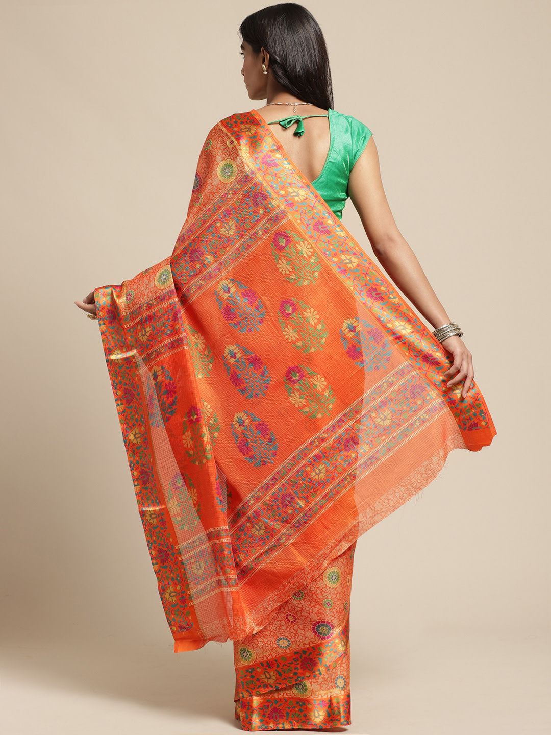 Women's Orange Cotton Blend Printed Saree