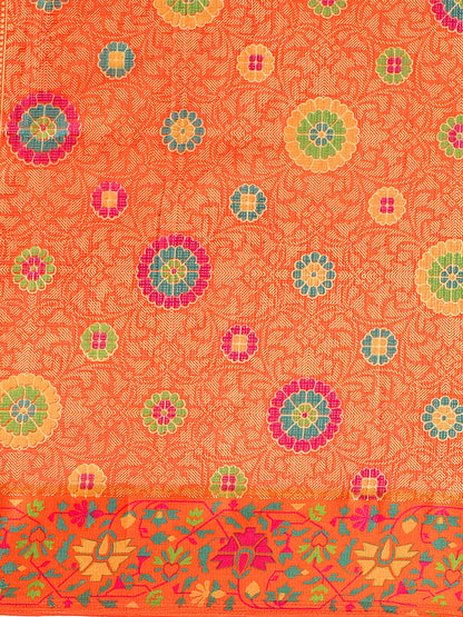 Women's Orange Cotton Blend Printed Saree