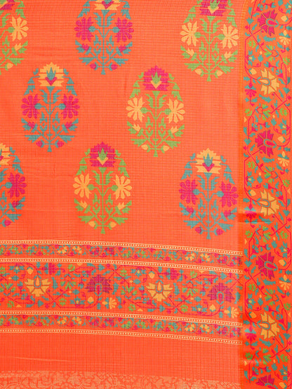 Women's Orange Cotton Blend Printed Saree