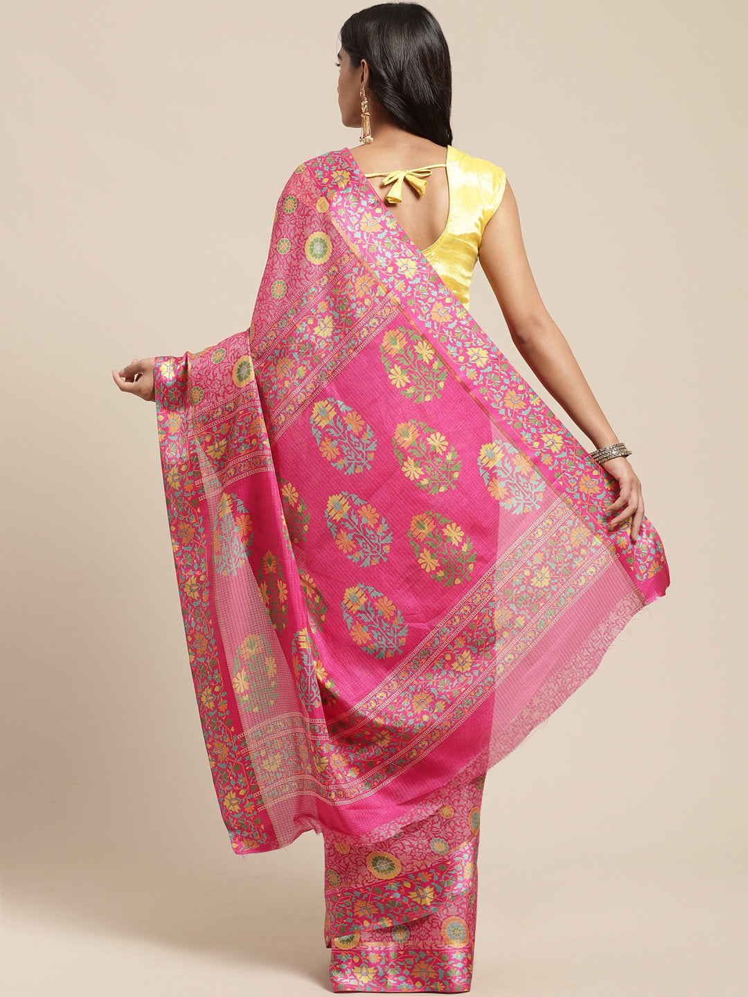Women's Pink Cotton Blend Printed Saree