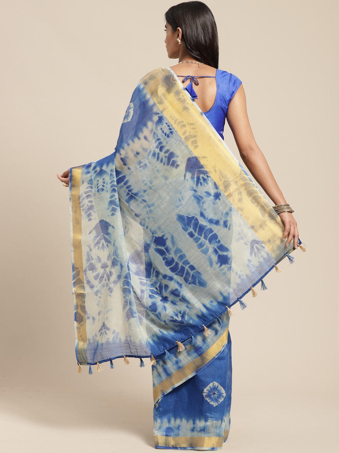 Women's Blue Cotton Blend Printed Saree