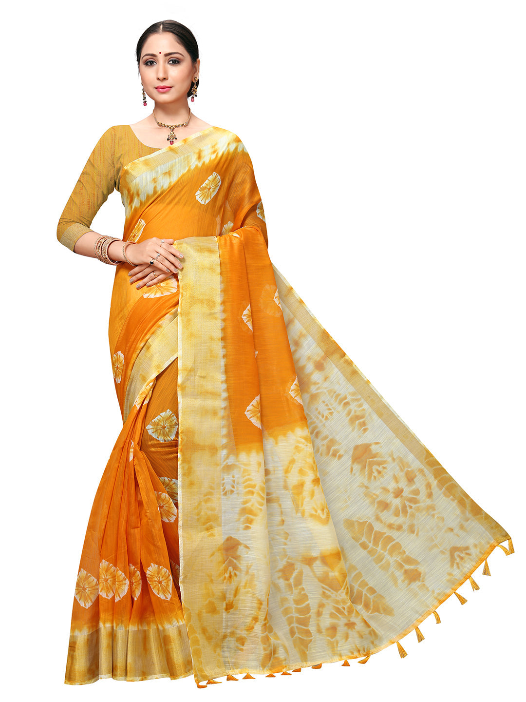 Women's Mustard Cotton Blend Dyed Saree