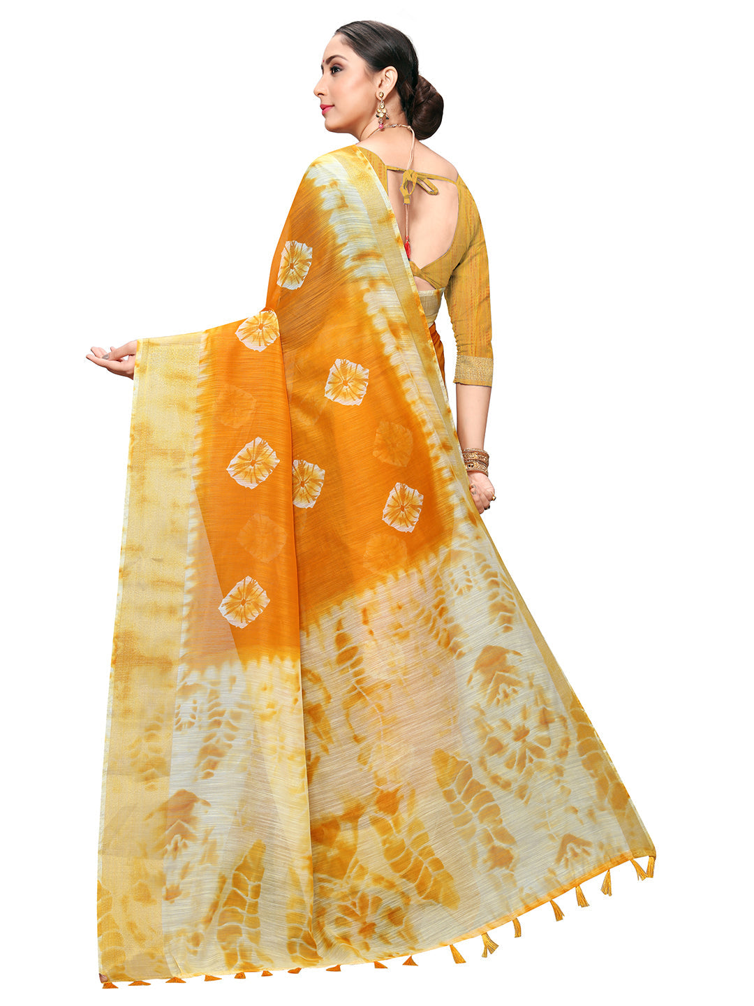 Women's Mustard Cotton Blend Dyed Saree