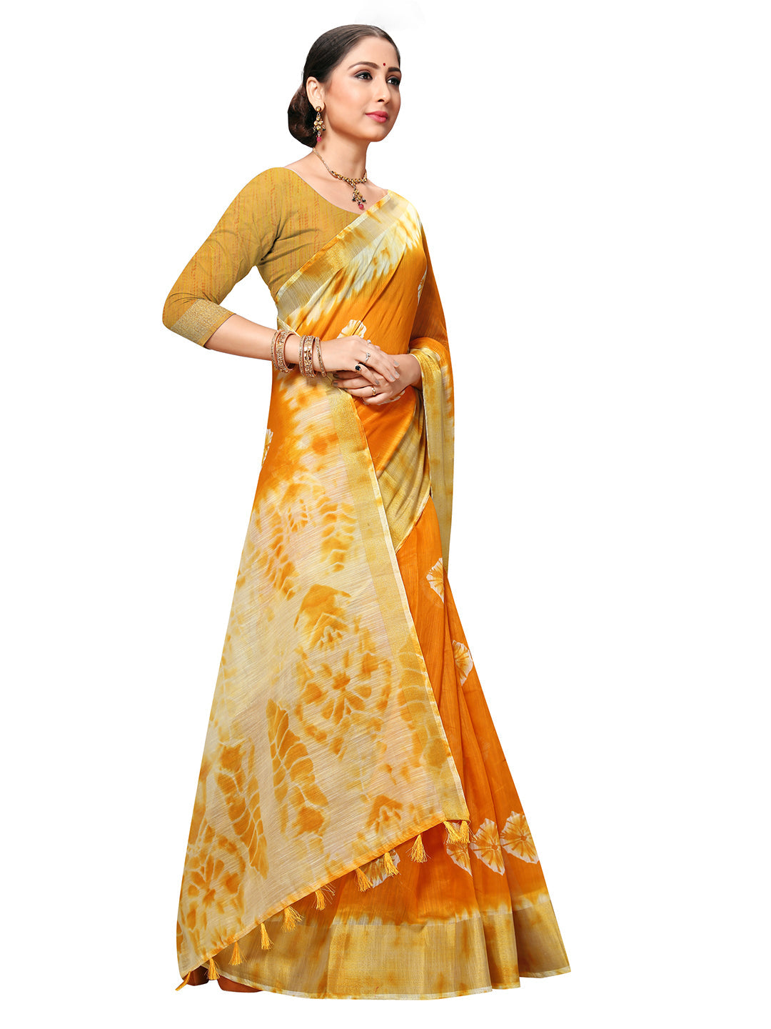 Women's Mustard Cotton Blend Dyed Saree