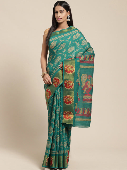Women's Green Cotton Blend Printed Saree