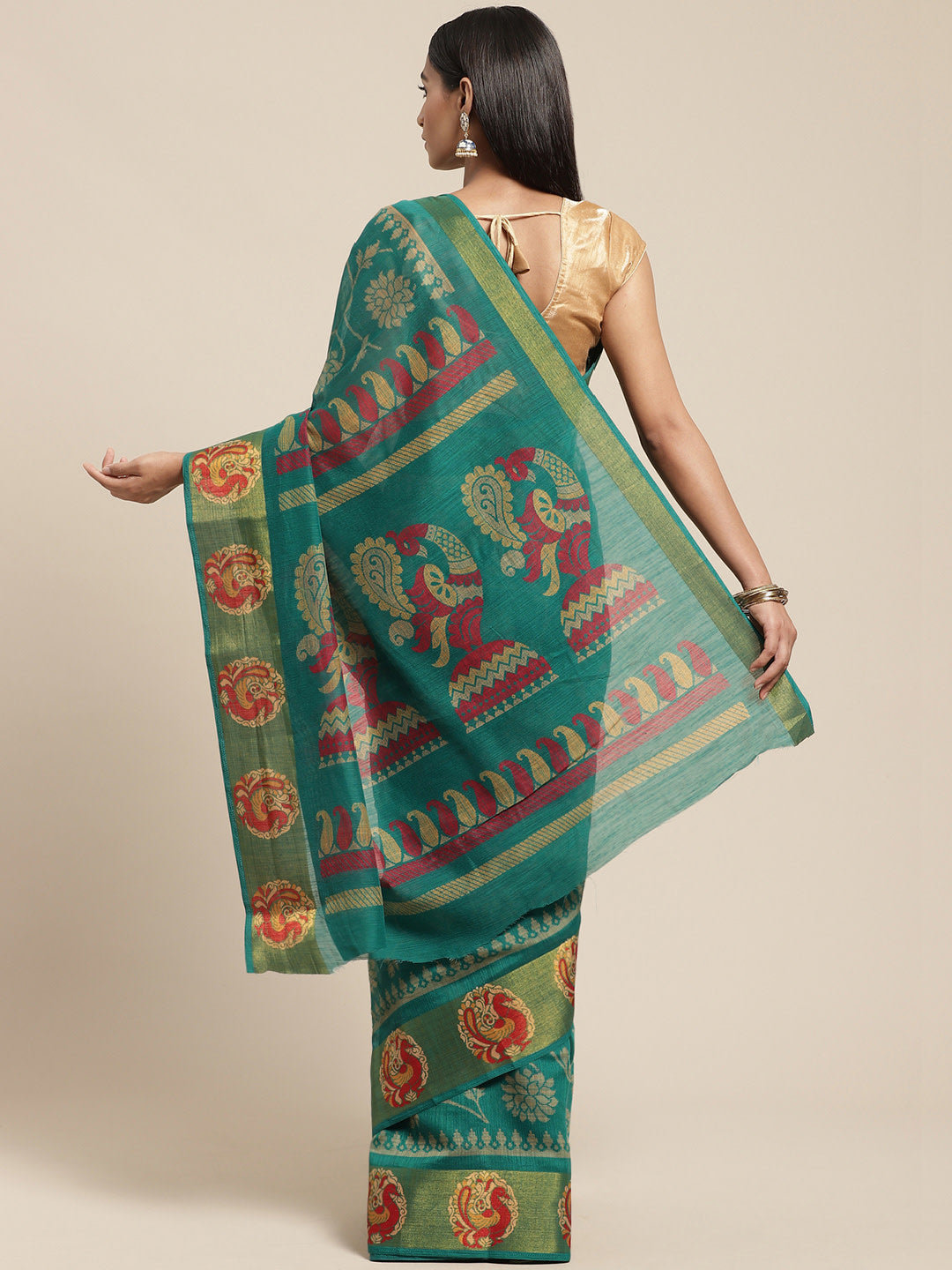 Women's Green Cotton Blend Printed Saree