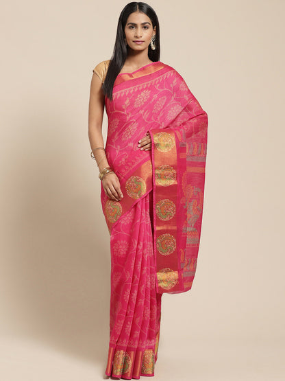 Women's Pink Cotton Blend Printed Saree