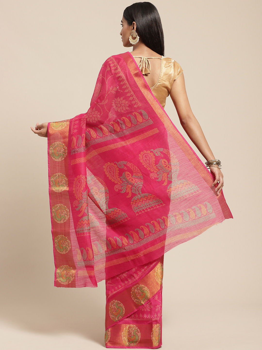 Women's Pink Cotton Blend Printed Saree