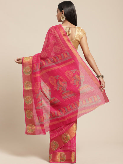Women's Pink Cotton Blend Printed Saree