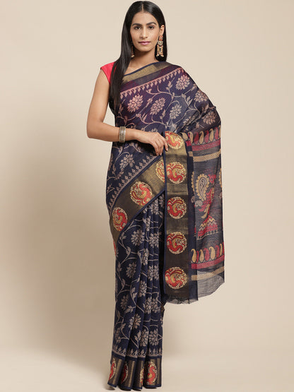 Women's Dark Blue Cotton Blend Printed Saree