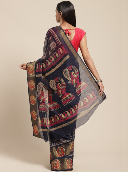 Women's Dark Blue Cotton Blend Printed Saree