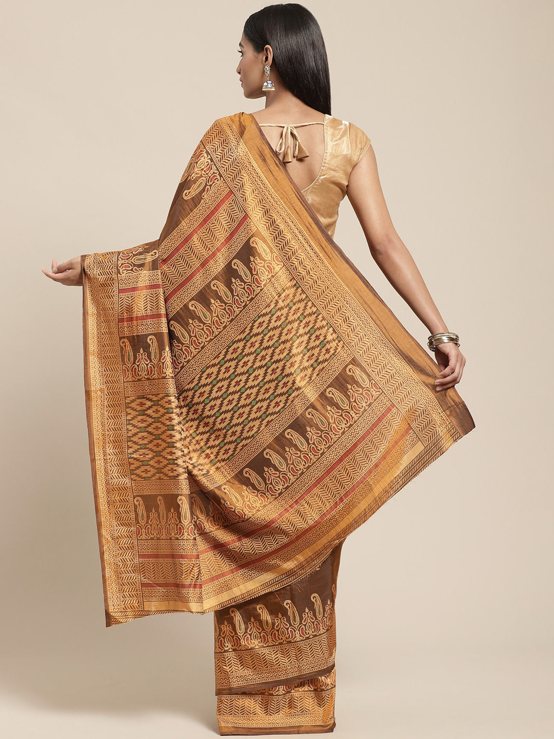 Women's Brown Silk Blend Printed Saree