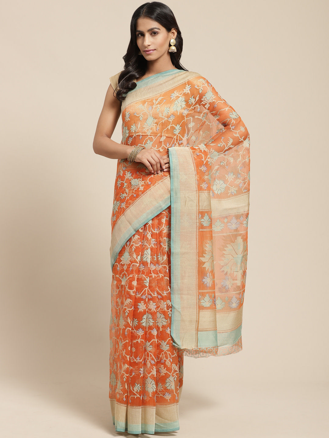 Women's Orange Brasso Printed Saree