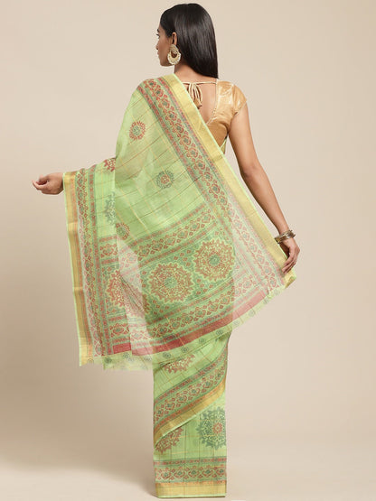 Women's Green Cotton Blend Printed Saree