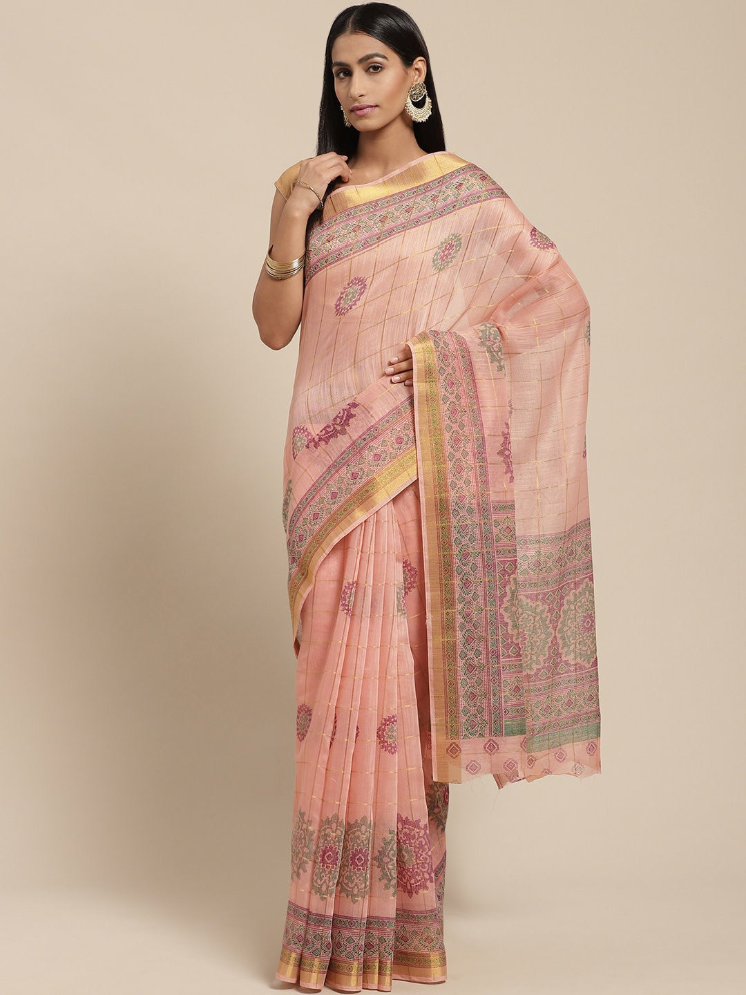 Women's Pink Cotton Blend Printed Saree