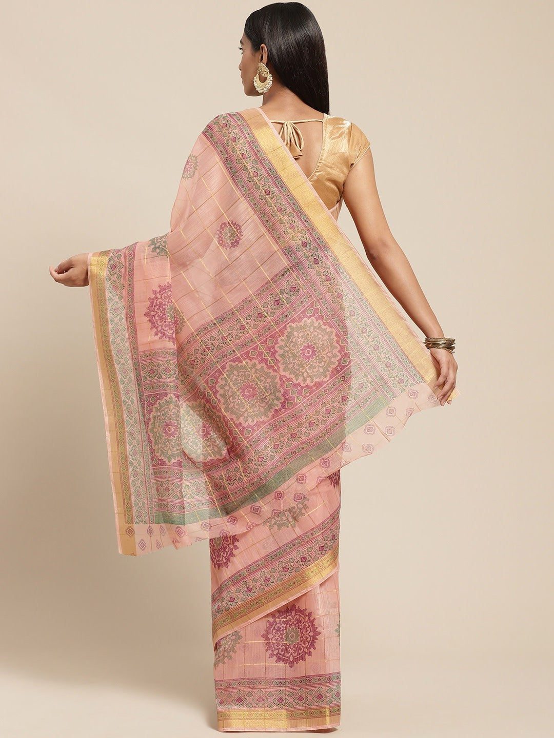 Women's Pink Cotton Blend Printed Saree