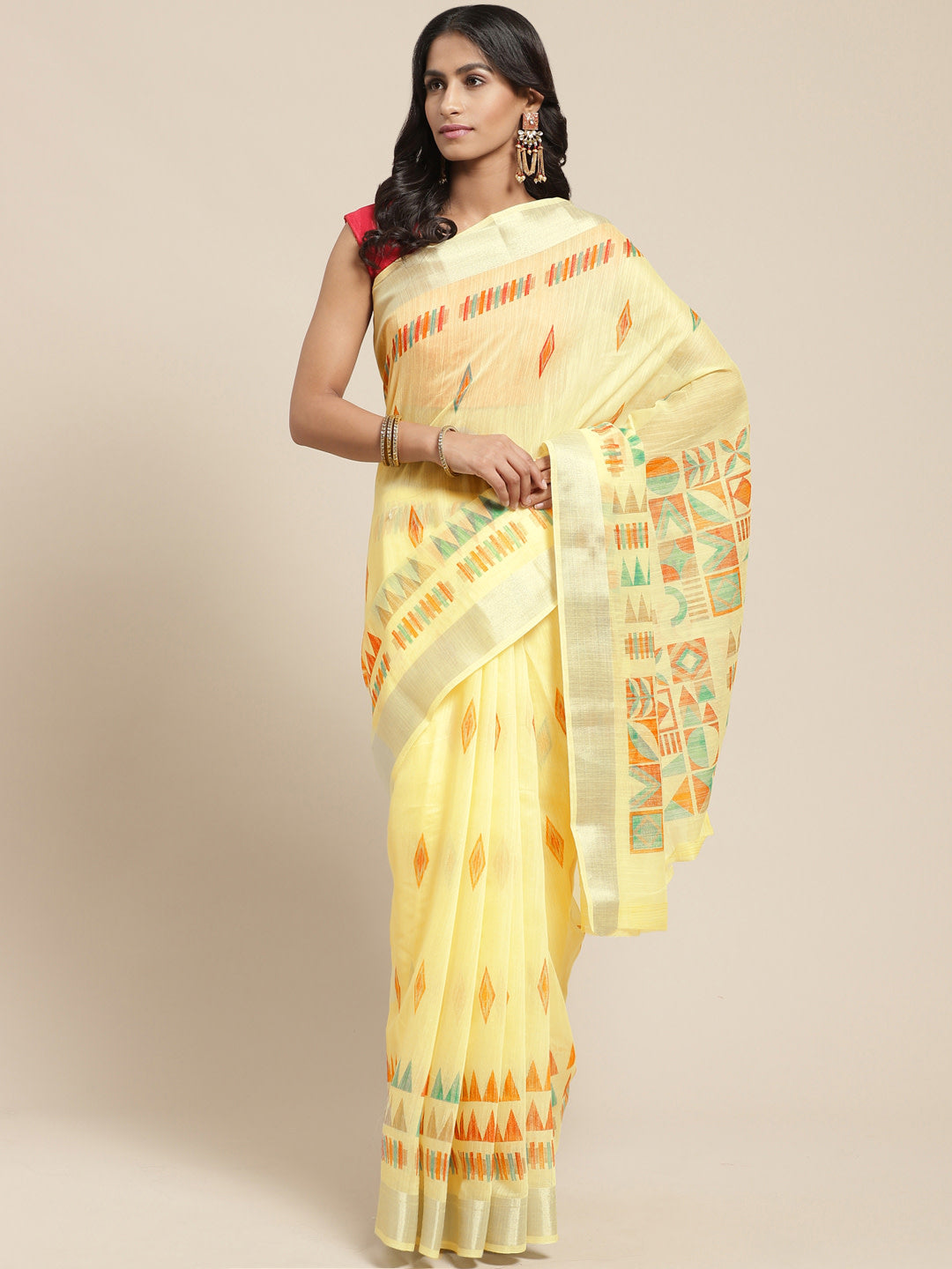 Women's Yellow Cotton Blend Printed Saree