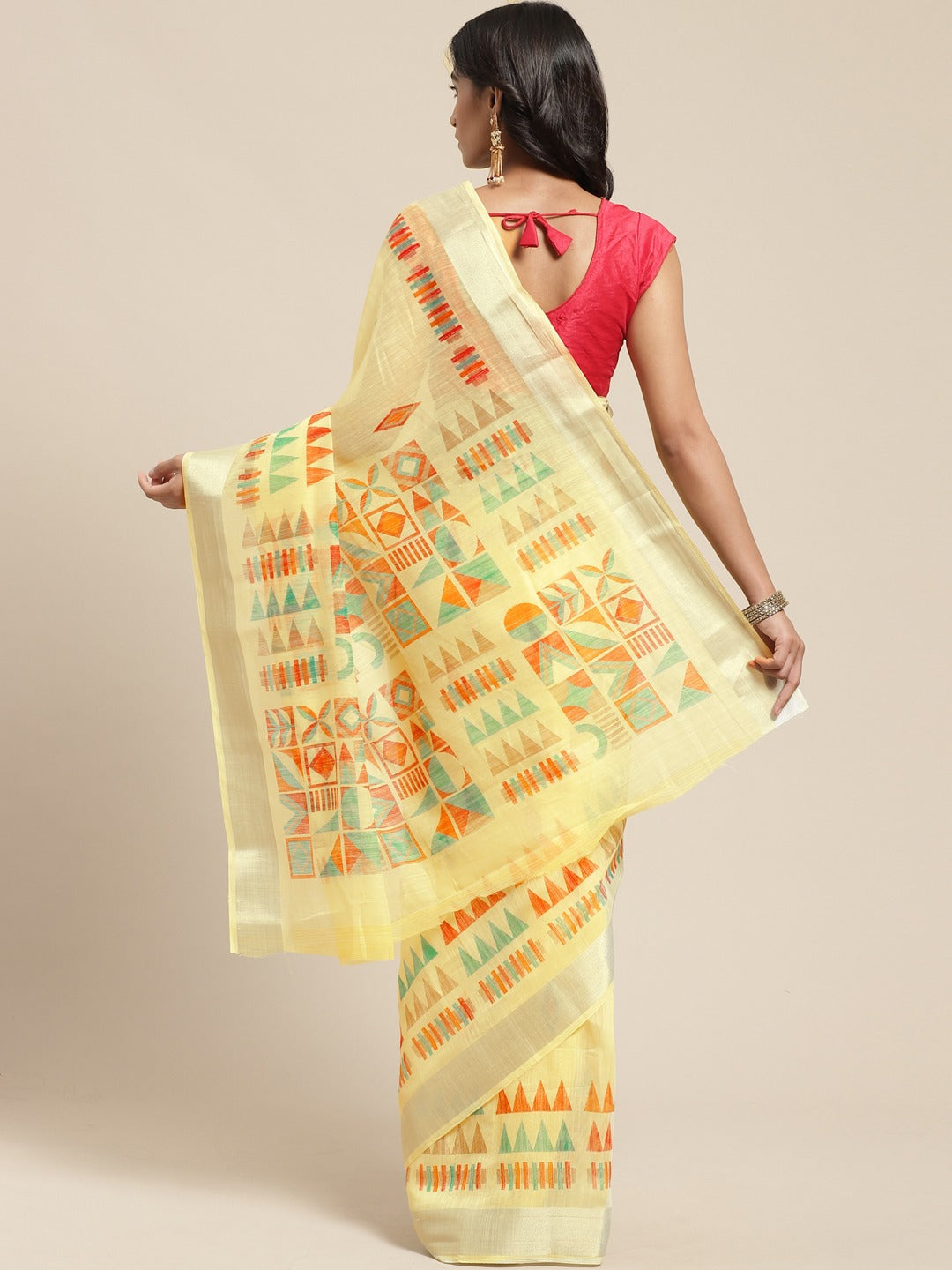 Women's Yellow Cotton Blend Printed Saree