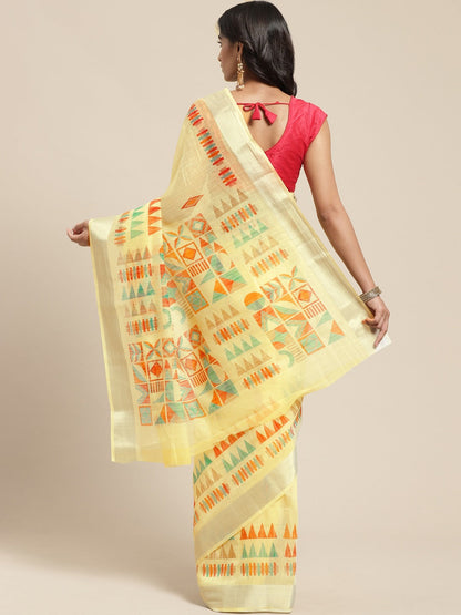 Women's Yellow Cotton Blend Printed Saree