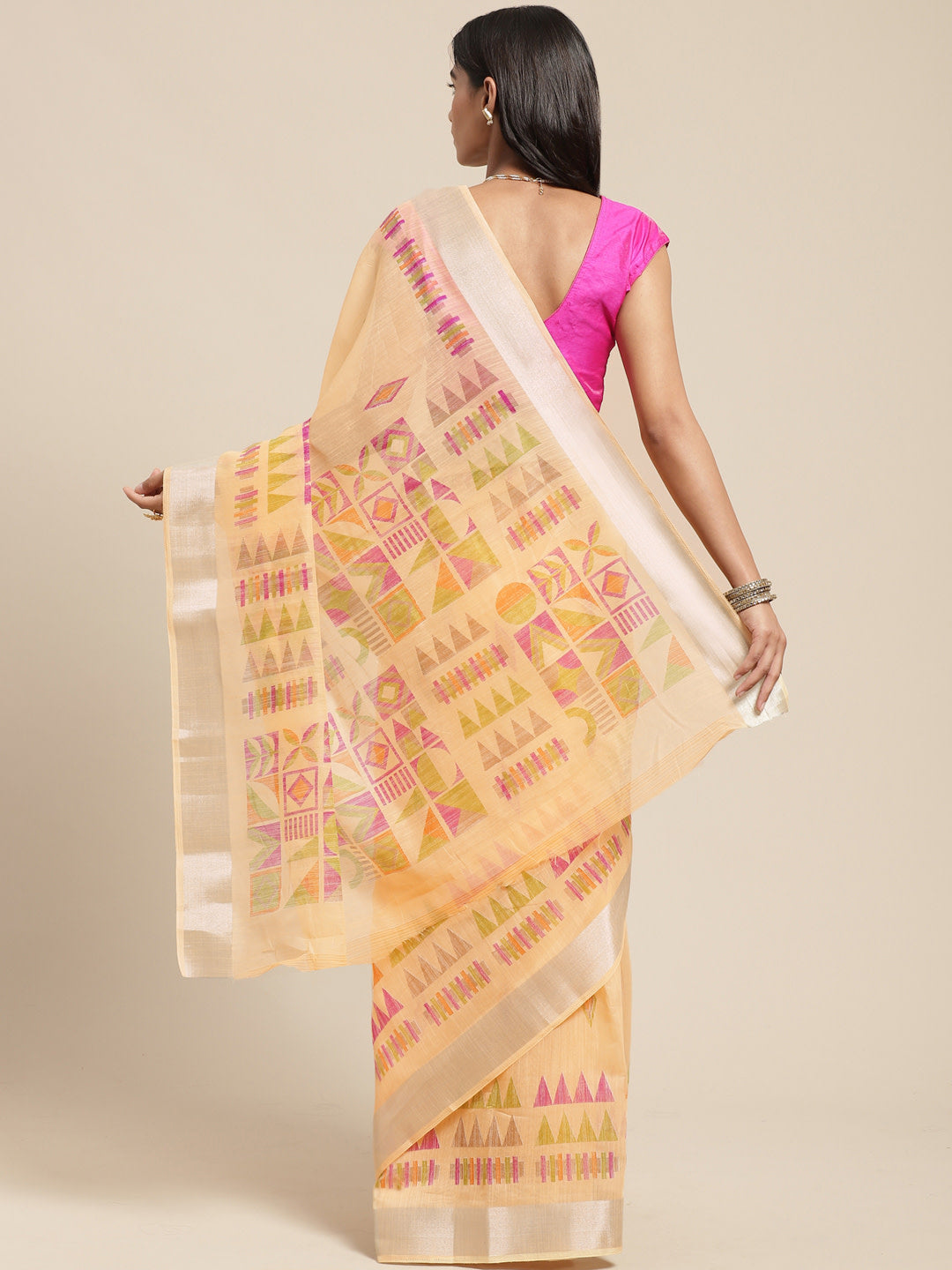 Women's Orange Cotton Blend Printed Saree