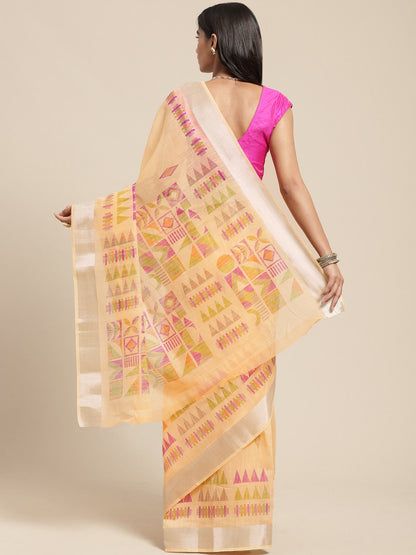 Women's Orange Cotton Blend Printed Saree