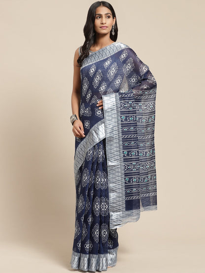 Women's Blue Cotton Blend Printed Saree