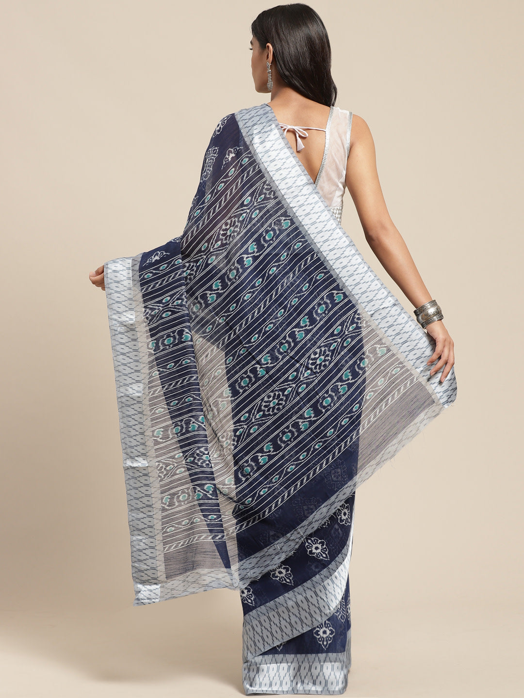 Women's Blue Cotton Blend Printed Saree