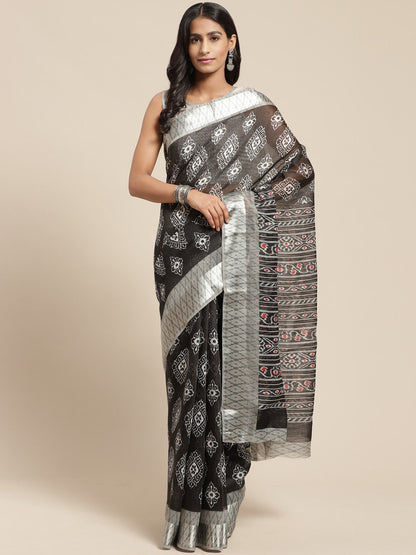 Women's Black Cotton Blend Printed Saree