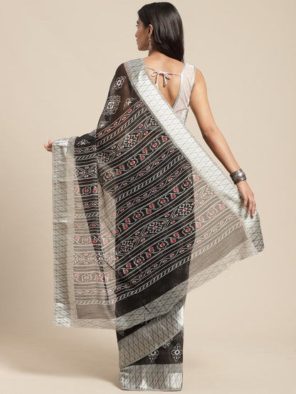 Women's Black Cotton Blend Printed Saree