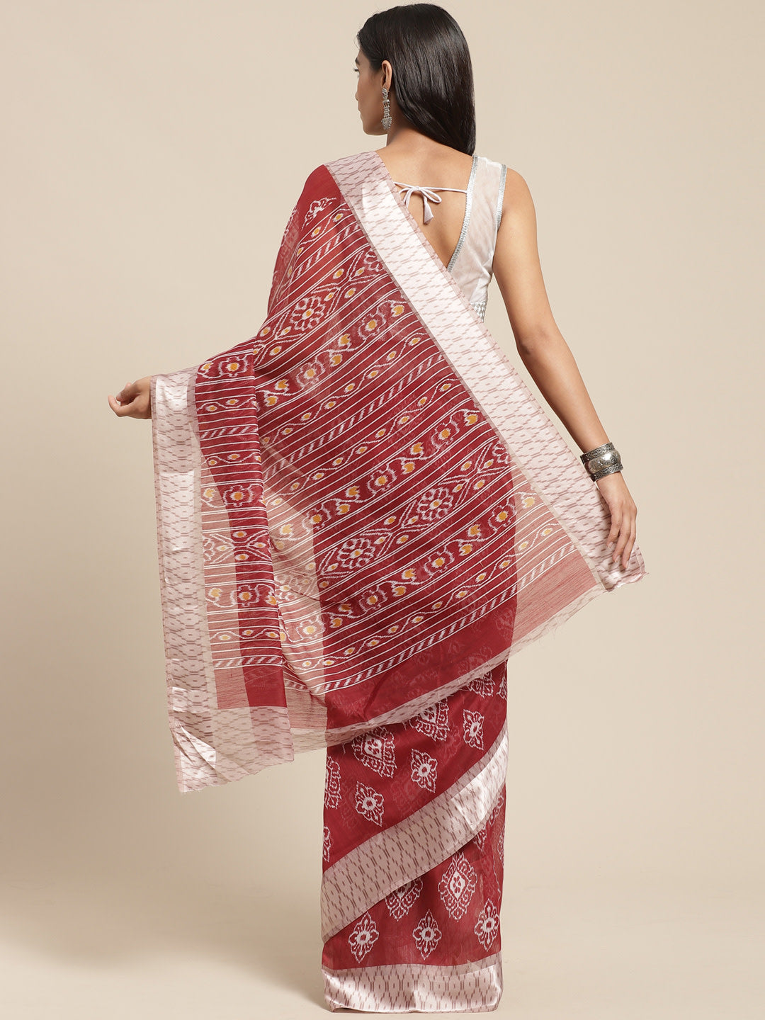 Women's Maroon Cotton Blend Printed Saree