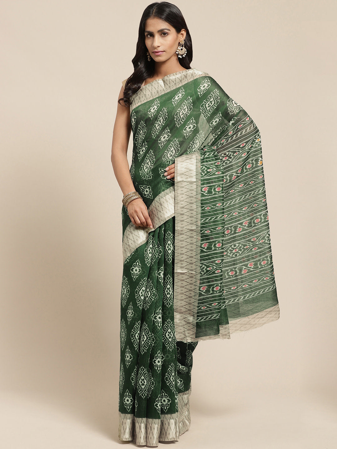 Women's Green Cotton Blend Printed Saree