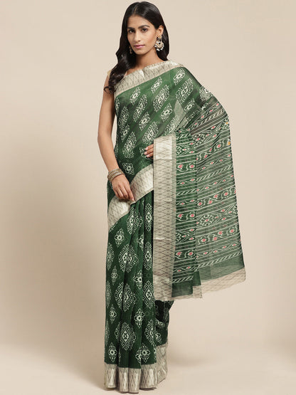 Women's Green Cotton Blend Printed Saree