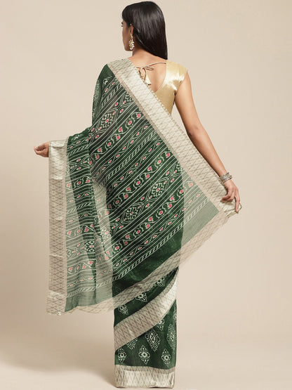 Women's Green Cotton Blend Printed Saree