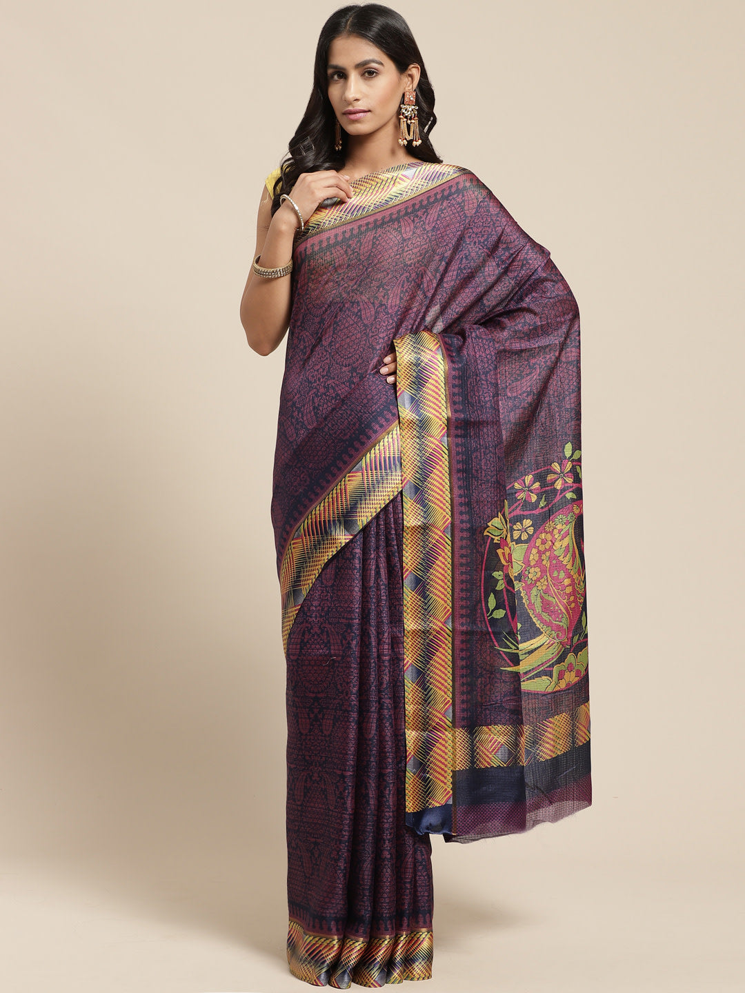 Women's Blue Cotton Blend Printed Saree