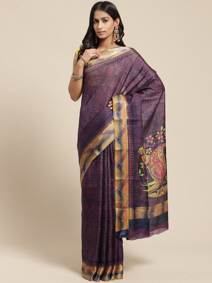 Women's Blue Cotton Blend Printed Saree