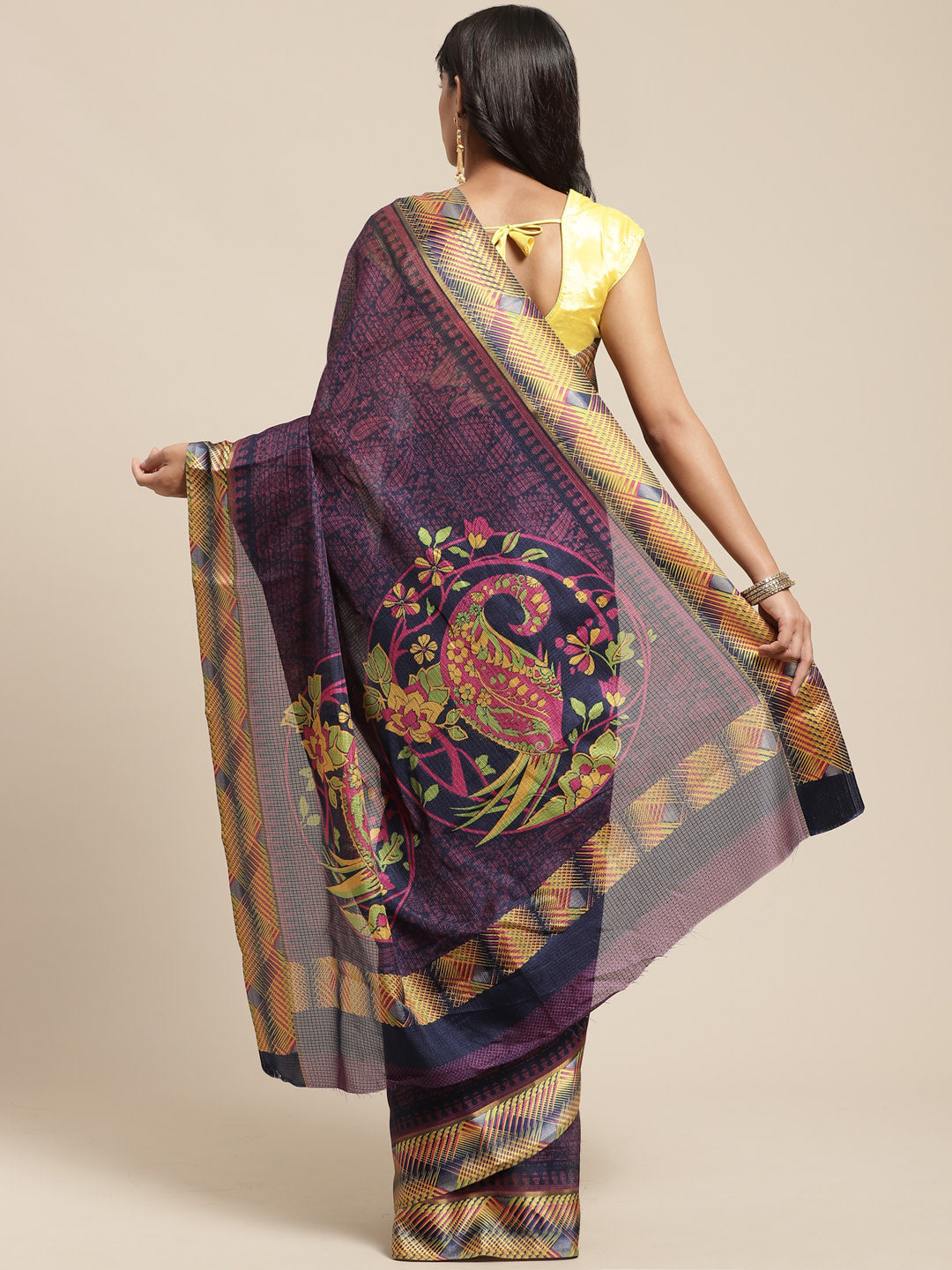 Women's Blue Cotton Blend Printed Saree
