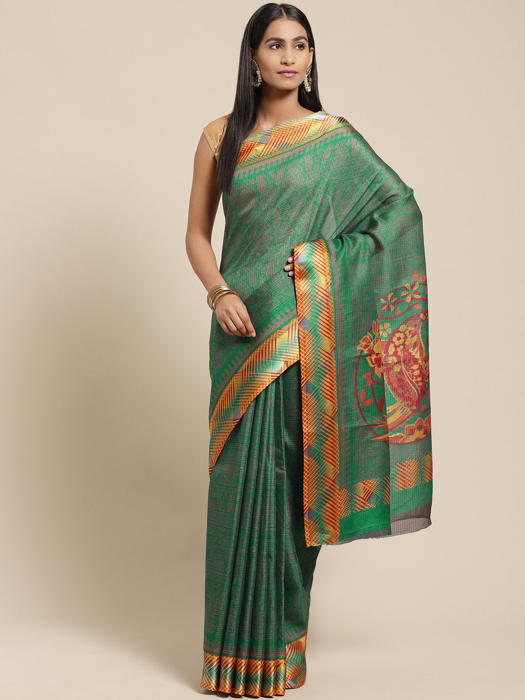 Women's Green Cotton Blend Printed Saree