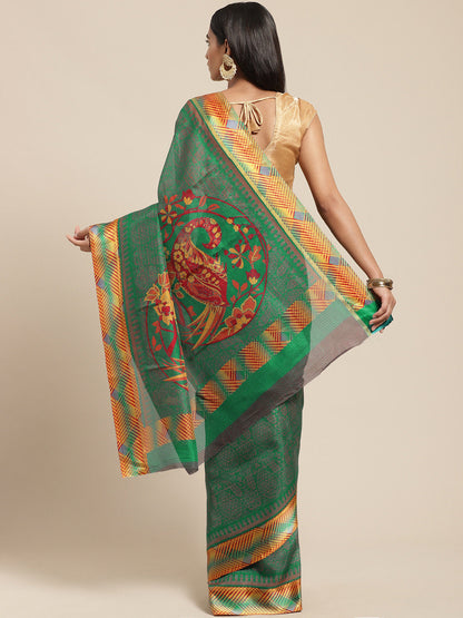 Women's Green Cotton Blend Printed Saree