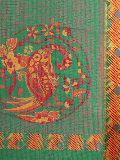 Women's Green Cotton Blend Printed Saree