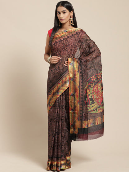 Women's Black Cotton Blend Printed Saree