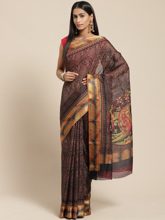Women's Black Cotton Blend Printed Saree