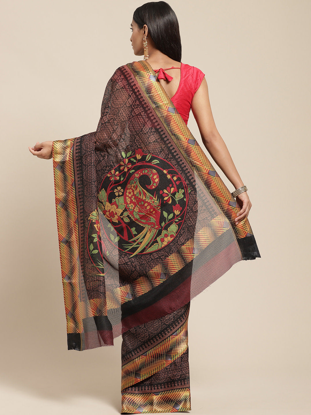 Women's Black Cotton Blend Printed Saree