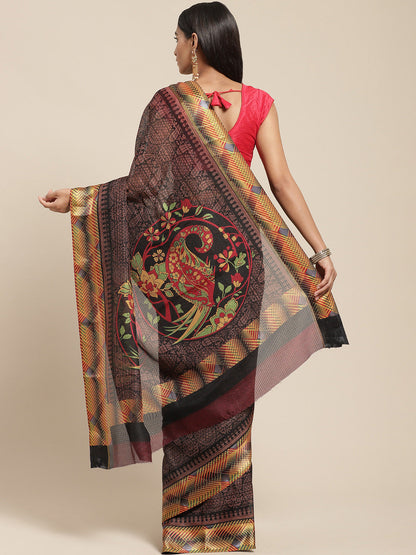 Women's Black Cotton Blend Printed Saree