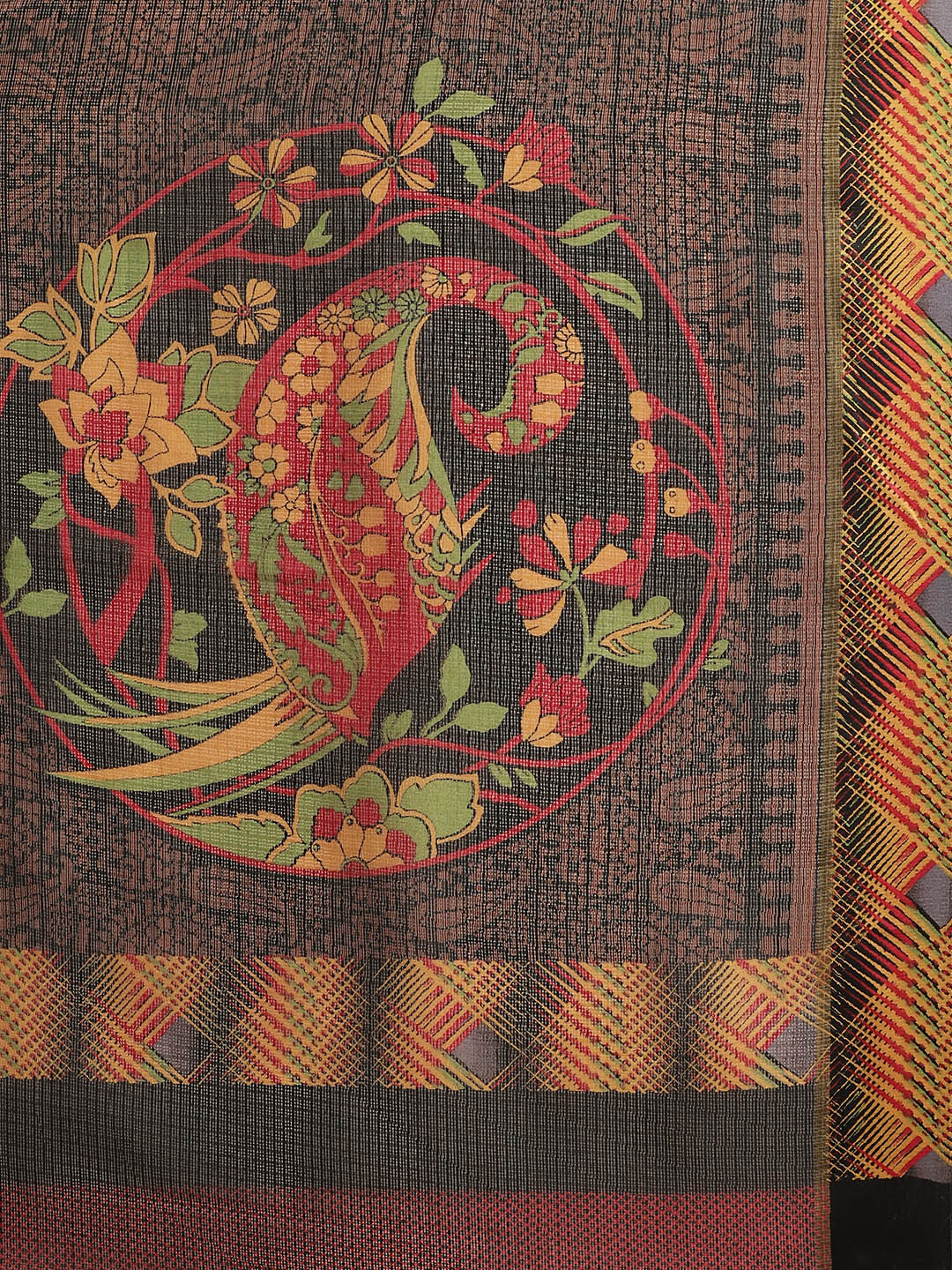 Women's Black Cotton Blend Printed Saree