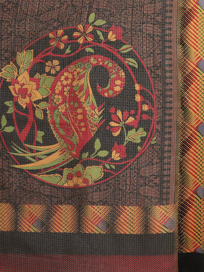 Women's Black Cotton Blend Printed Saree