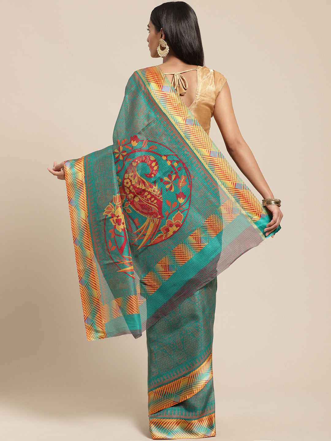 Women's Green Cotton Blend Printed Saree