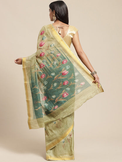 Women's Cream Cotton Blend Printed Saree